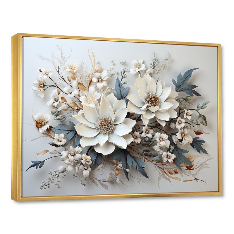 Fleurs saisonnières charme en hiver I - art mural de fleurs saisonnières, H 24 po x l 32 po x P 1 po, Cadre flottant doré