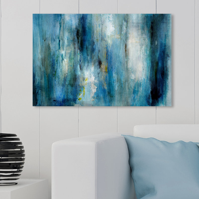 Abstrait bleu abondant / pluie blanche - Impression sur toile, H 36 po x l 54 po, Toile tendue