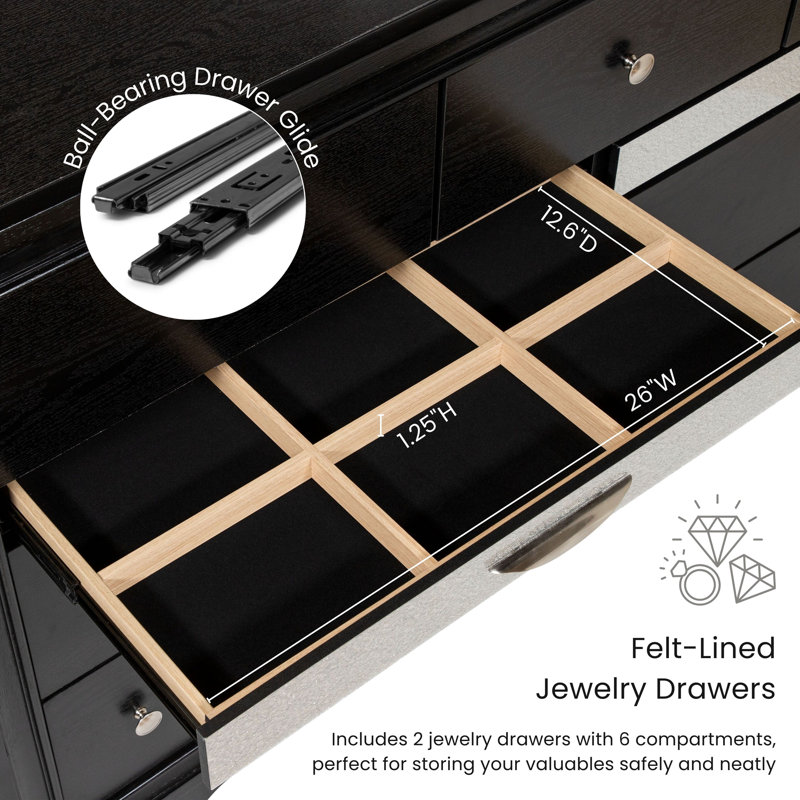 Sana 9-Drawer Dresser with Mirror Set with Hidden Jewelry Drawers, Black