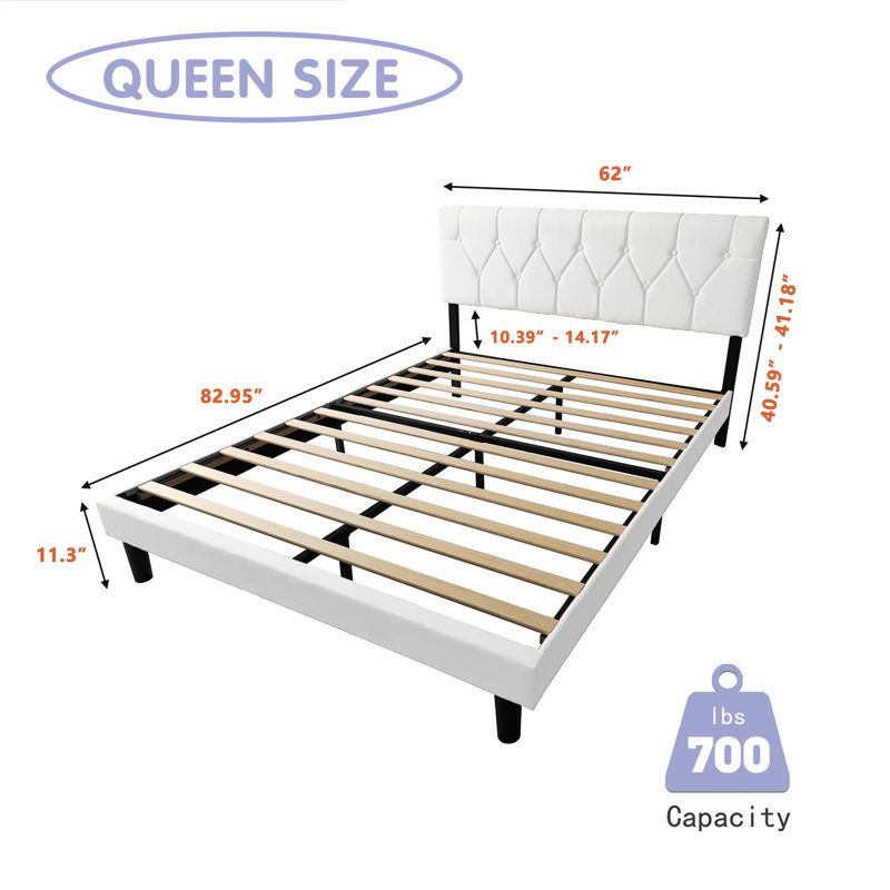 Upholstered Platform Bed Frame, White, Queen