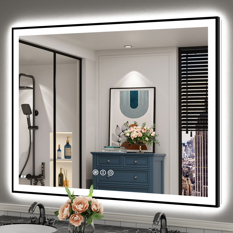 Miroir de salle de bain matte encadré noir matel avec lumières, éclairé à l'avant et à l'arrière, fonction mémoire, 3 températures de couleur, éclairage à intensité variable et miroir en verre trempé anti-buée homologué ETL