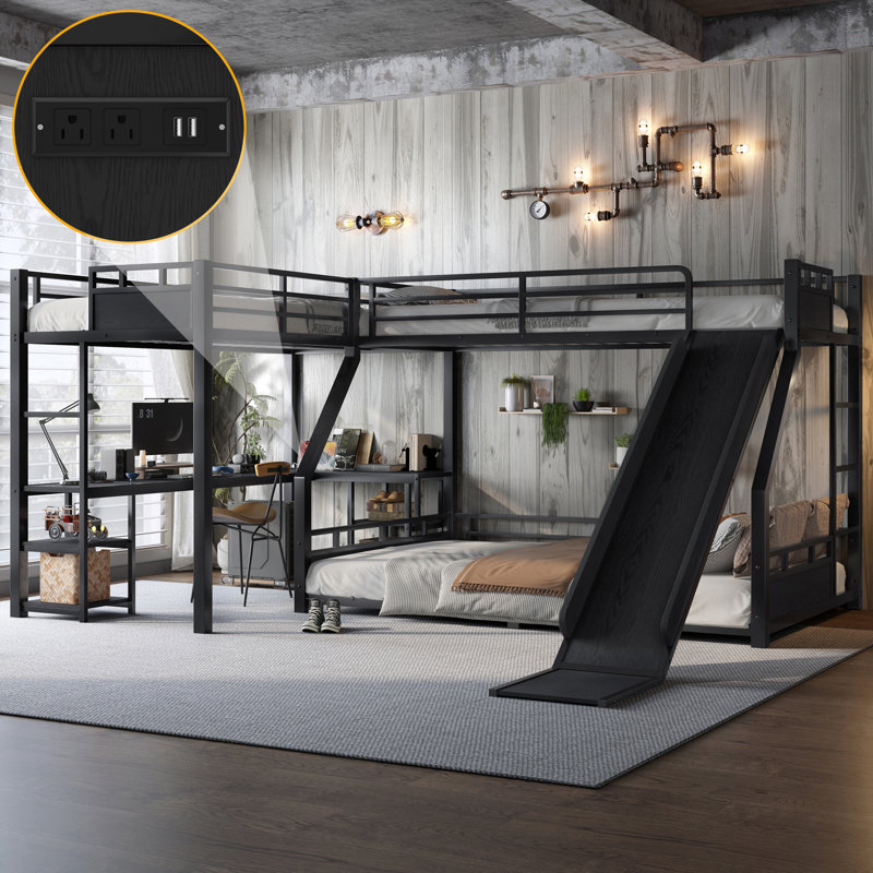 Lit superposé triple en métal avec glissade, bureau et tablettes de rangement PlayScape, Queen