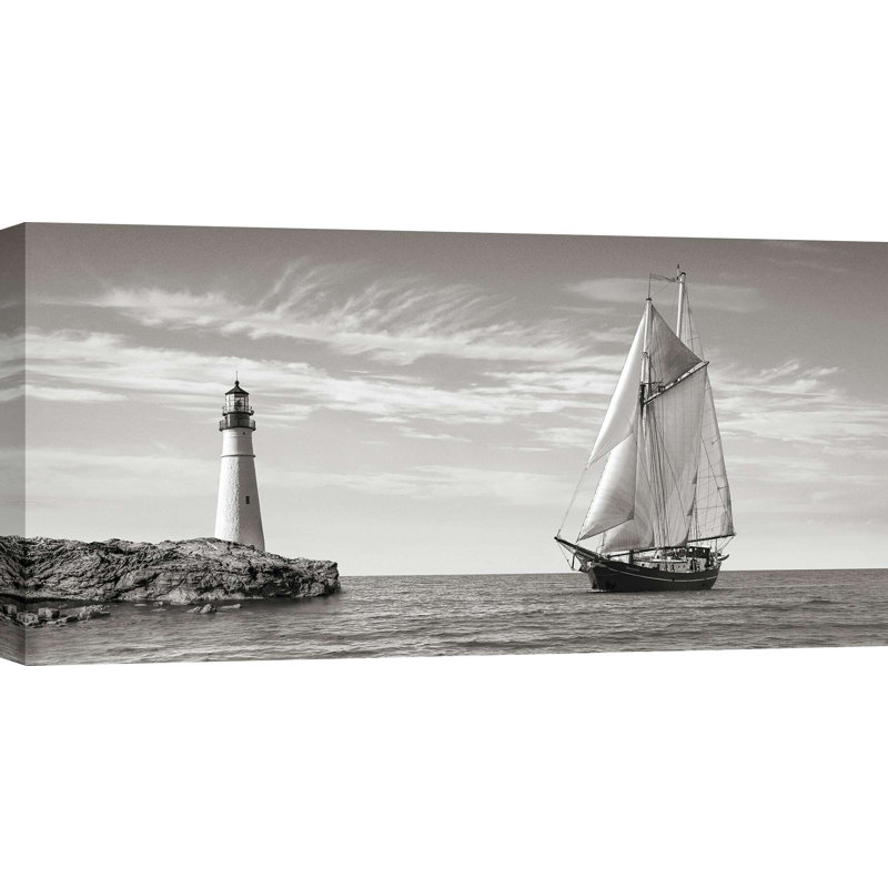 Sailboat Approaching Lighthouse, Mediterranean Sea (detail) - Wrapped Canvas Print, 35cm H x 70cm W x 4cm D