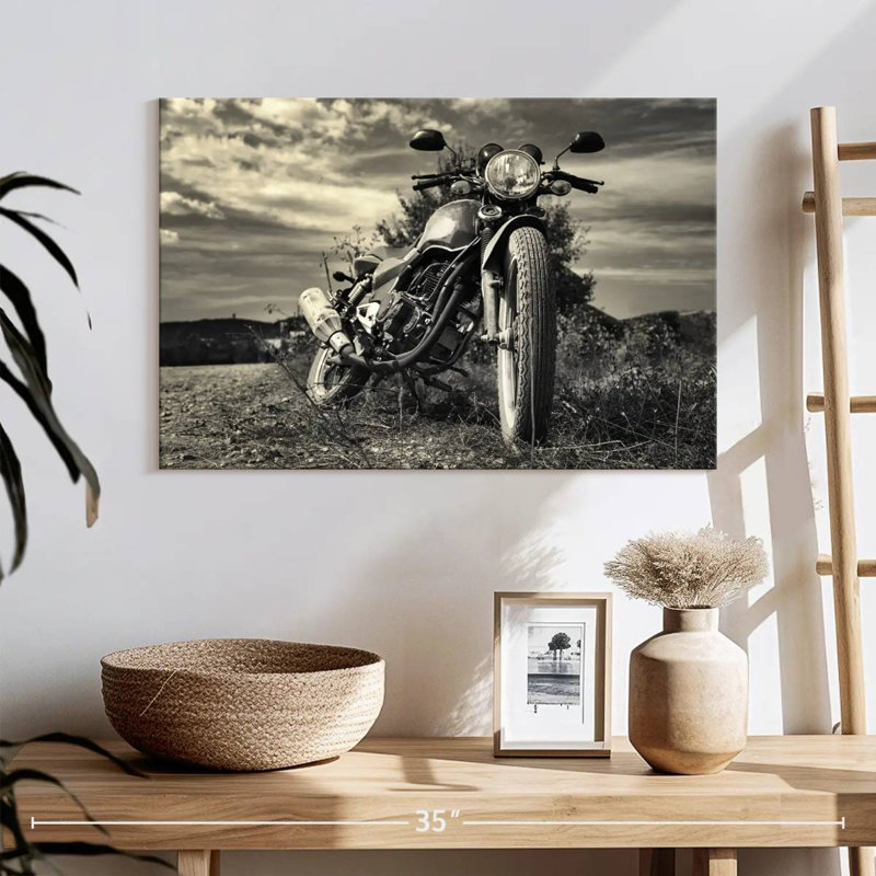 Motocyclette d'extérieur rétro sur toile, H 16 po x l 24 po x P 1,25 po