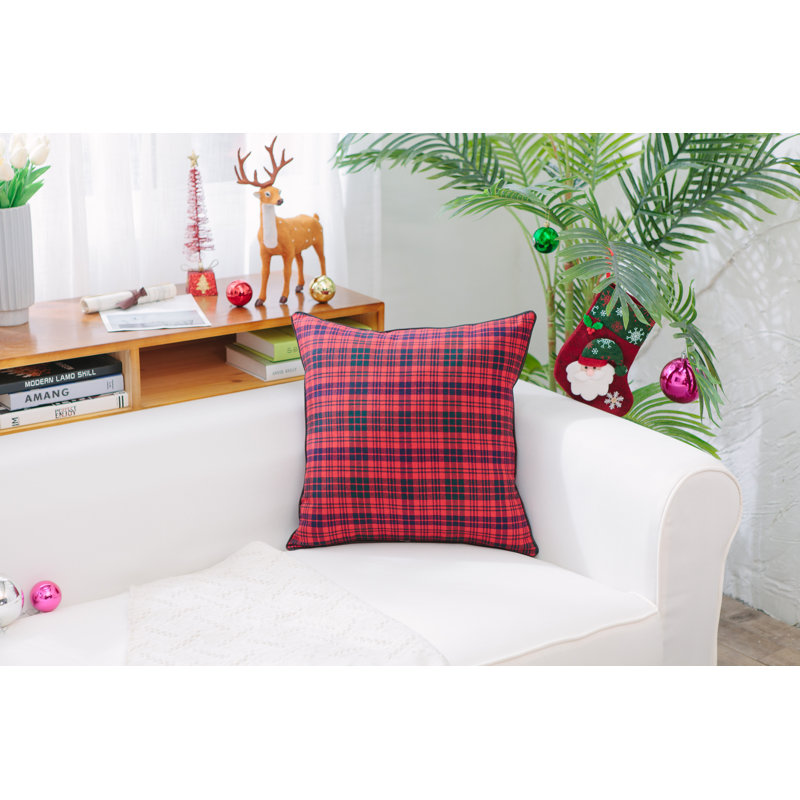 Housse de coussin carré en coton, 24 po x 24 po, Polyester/ Bourre en polyester, Carreaux bleu marine