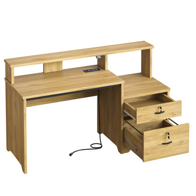 Bureau d'ordinateur 55 "avec prise de courant intégrée, 2 tiroirs, bureau d'écriture pour bureau à domicile