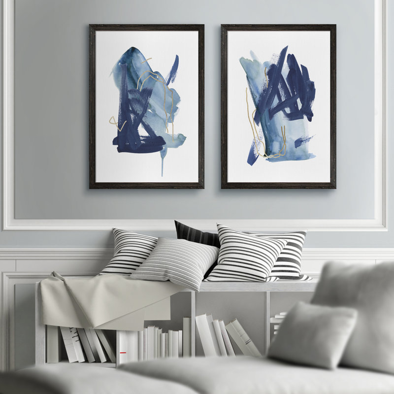 «Indigo Collide I» par Melissa Wang - ensemble de 2 peintures encadrées, H 24 po x l 18 po, Toile encadrée, Ébène