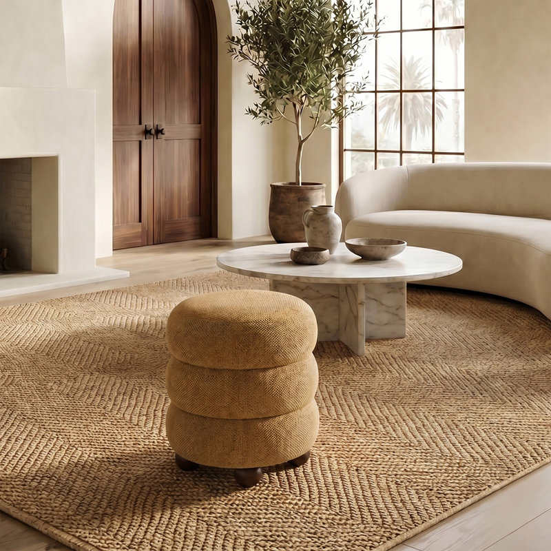 Dalisha 17" Round Ottoman, Walnut, Mustard Chenille