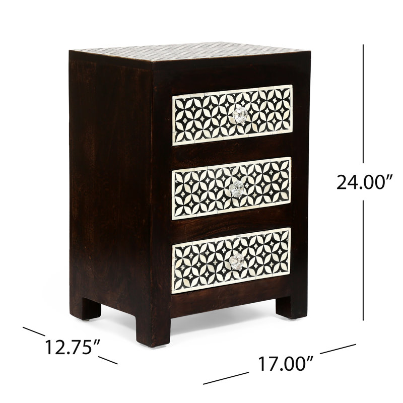  Table de chevet Bohemian, table de chevet en bois massif avec motif incrusté d'os et boutons en cristal, noir et noyer foncé