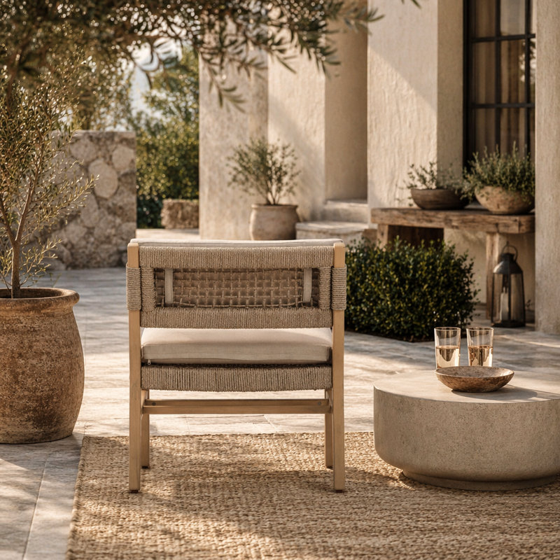 Chaise longue en acacia et coussin beige