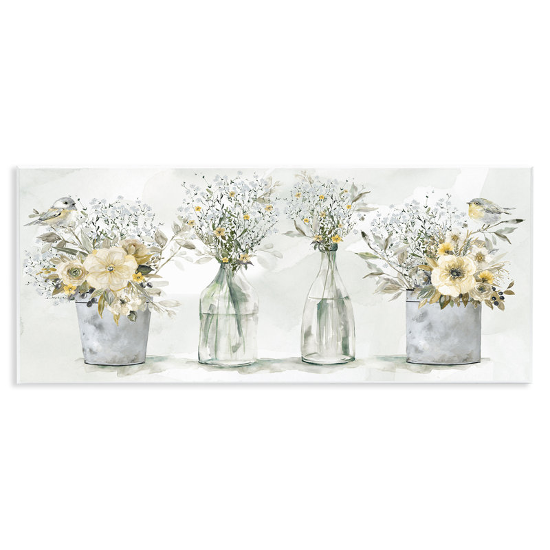 «Farmhouse Floral Bouquets Song Birds Rustic Vases XL», art mural sur toile par Carol Robinson