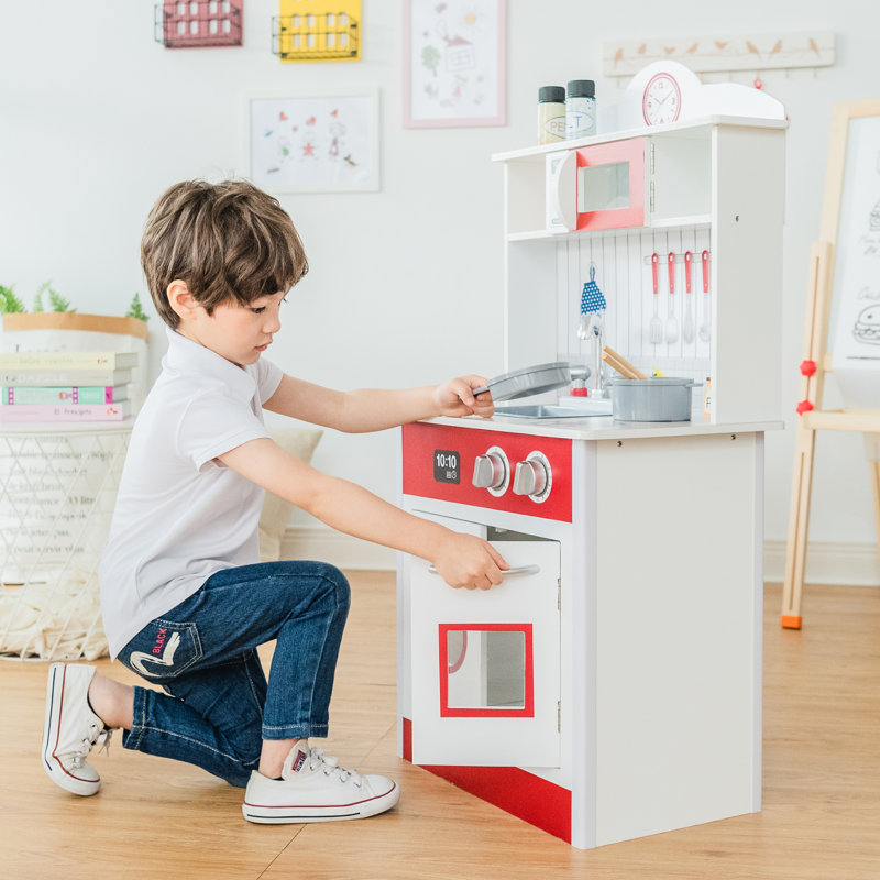 Teamson Kids Little Chef Madrid Classic Interactive Wooden Play Kitchen, White, White/Red