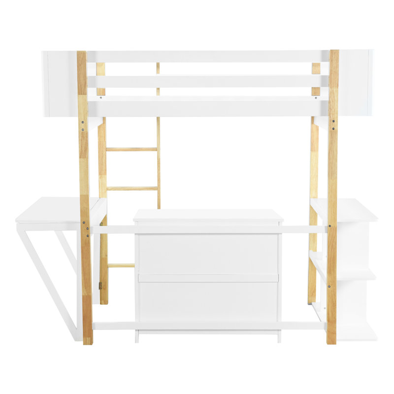 Grand lit mezzanine en bois avec armoire de rangement intégrée et cubes, bureau pliable, Blanc, Double