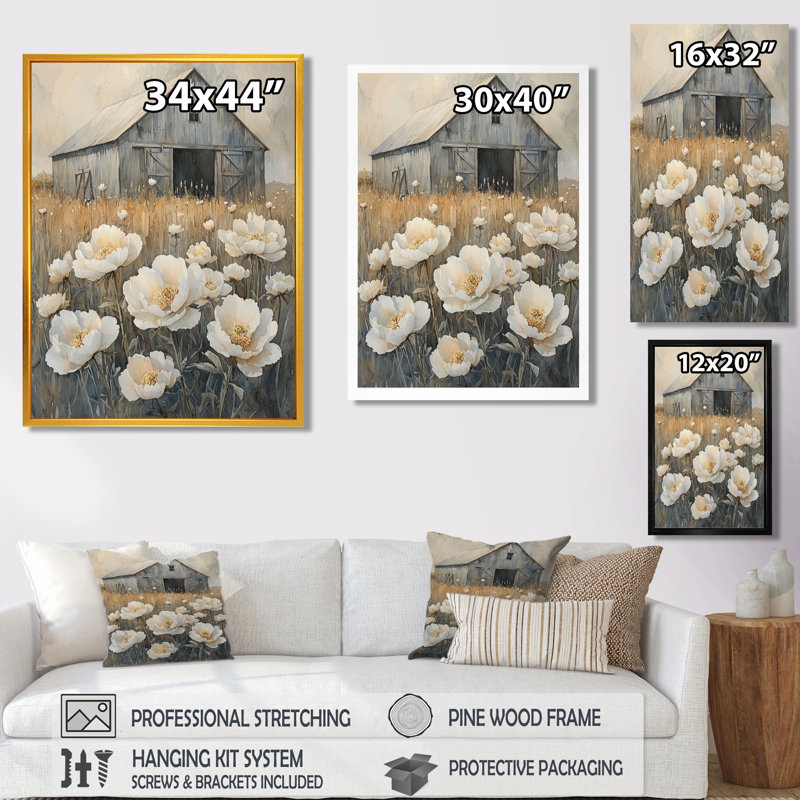 Donvan, pivoines par Milking Barn I - pivoines, art mural, H 20 po x l 12 po, Reproduction avec cadre flottant, Argent argent