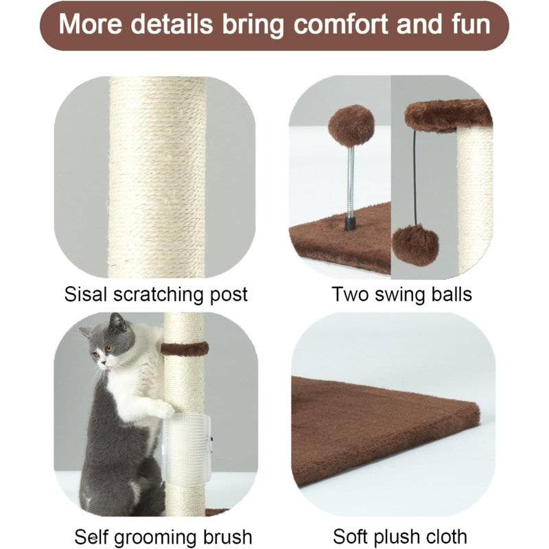32" Tall Sisal Rope Cat Scratching Post with Hanging Ball and Brush