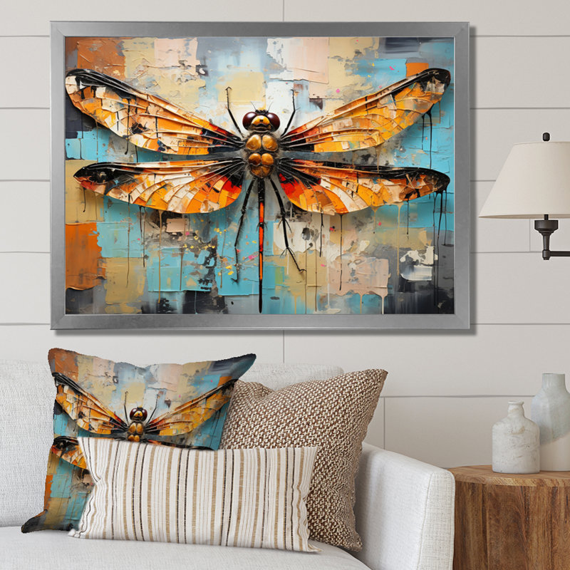«Orange Dragonfly Insectes Flight Collage I», reproduction sur toile, H 24 po x l 32 po x P 1 po, Cadre photo argenté