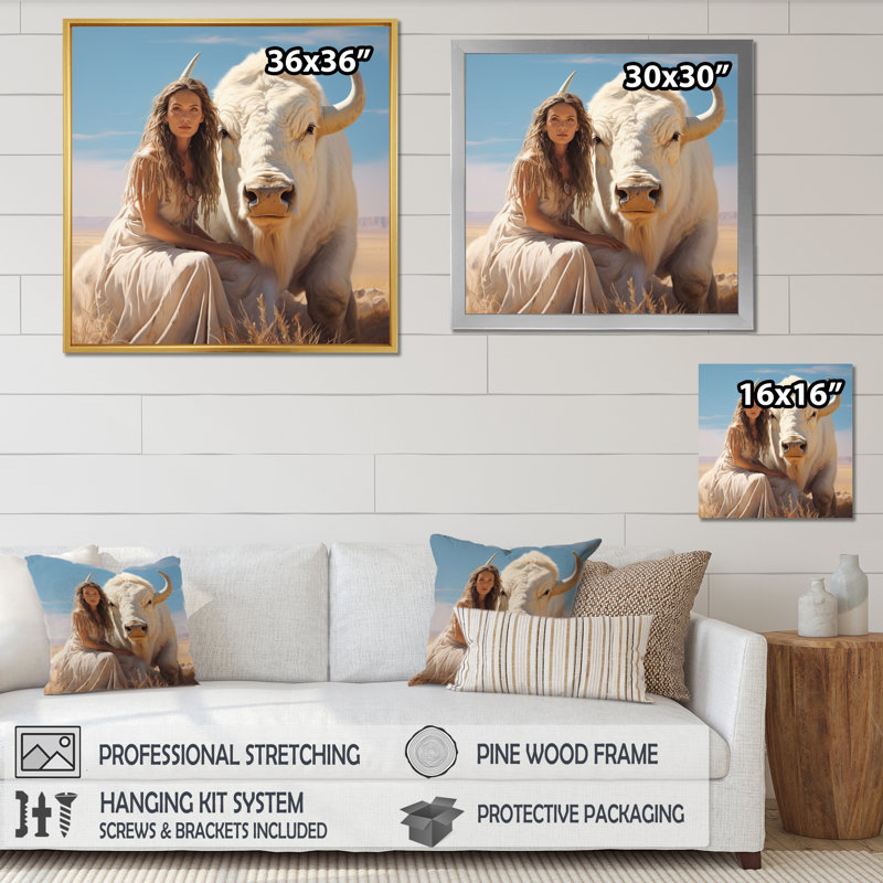 «White Buffola Calf Native Woman» sur toile, Cadre flottant noir, H 24 po x l 24 po x P 1 po