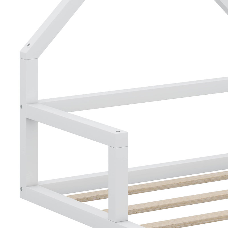 Lit simple en bois avec tête de lit en forme de maison, Blanc
