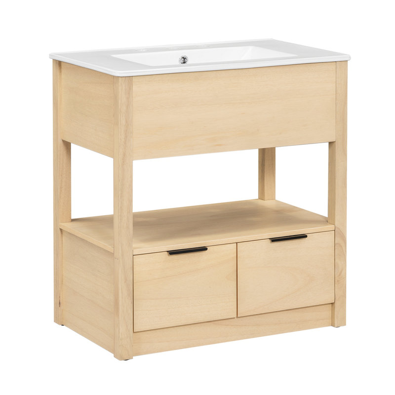 Natural Wood 30" Bathroom Vanity Cabinet with Ceramic Sink