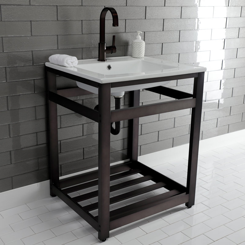 Kingston Brass Quadras 25-Inch Ceramic Console Sink with Stainless Steel Base and Shelf, White/Oil Rubbed Bronze, Single