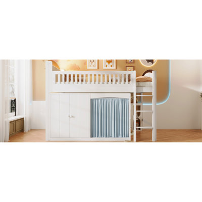 Lit mezzanine simple avec armoire de rangement, armoire et DEL, blanc et espresso