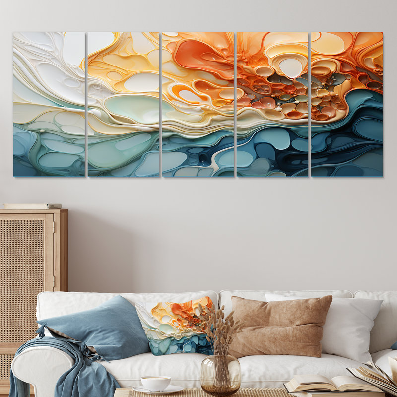 Encre bleue et orange, encre liquide abstraite, art mural 5 pièces pour le salon, H 32 po x l 80 po