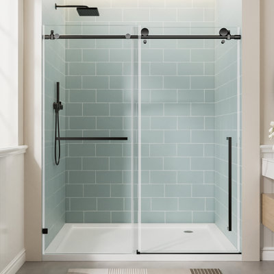 Porte de douche coulissante simple sans cadre de 56 à 60 po x H 78 po, porte de baignoire, verre trempé transparent de 3/8 po (10 mm) avec film antidéflagrant, poignée en acier inoxydable
