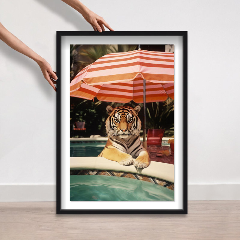 Oliver Gal Poolside Tiger Encounter Coastal - Luxury Shadowbox Framed Wall Art, 37.5" H x 25.5" W, Black