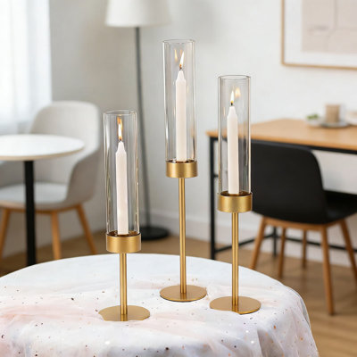 Ensemble de 3 porte-bougies en verre avec base en métal doré