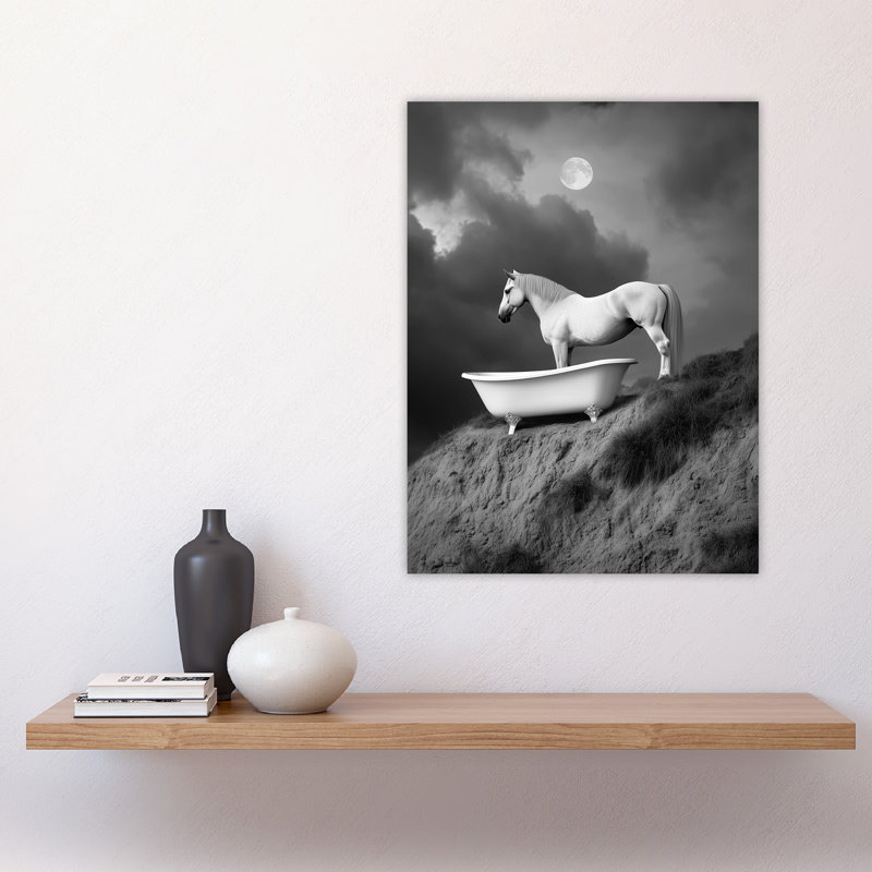Horse Bathtub Full Moon Cliff Surreal Wall Art Print