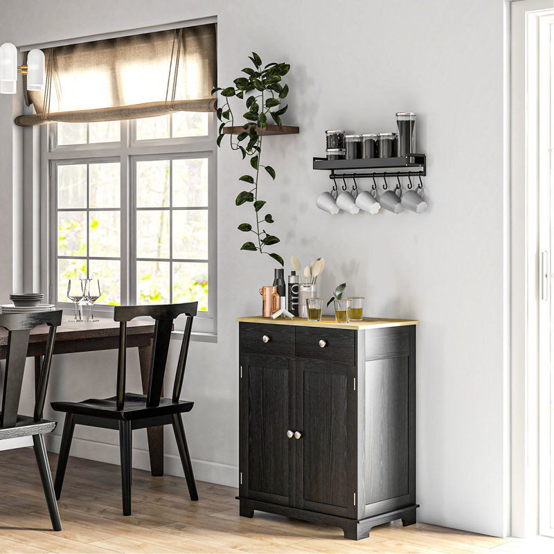 Buffet noir vieilli - Buffet avec comptoir en bois massif, 2 tiroirs, portes, tablette réglable pour le rangement de la cuisine