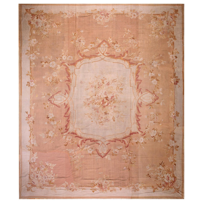 Tapis 15 x 18 pi Aubusson français formel ivoire rose des années 1880