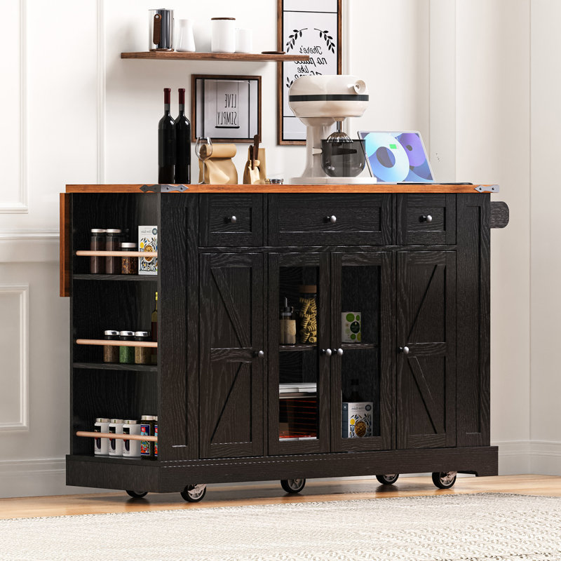 53" Farmhouse Kitchen Island with Two Tempered Glass Cabinet Doors, Power Outlet, Rolling Kitchen Cart on Wheels with Drop Leaf, 5 Open Side Racks, 3 Drawers, for Kitchen, Dining Room, Black