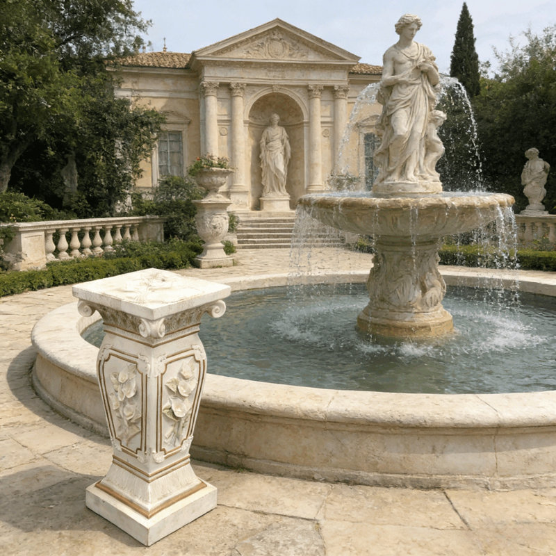 Piédestal sculpté de style européen | Colonne en résine résistante aux intempéries avec reliefs floraux pour le jardin ou le salon