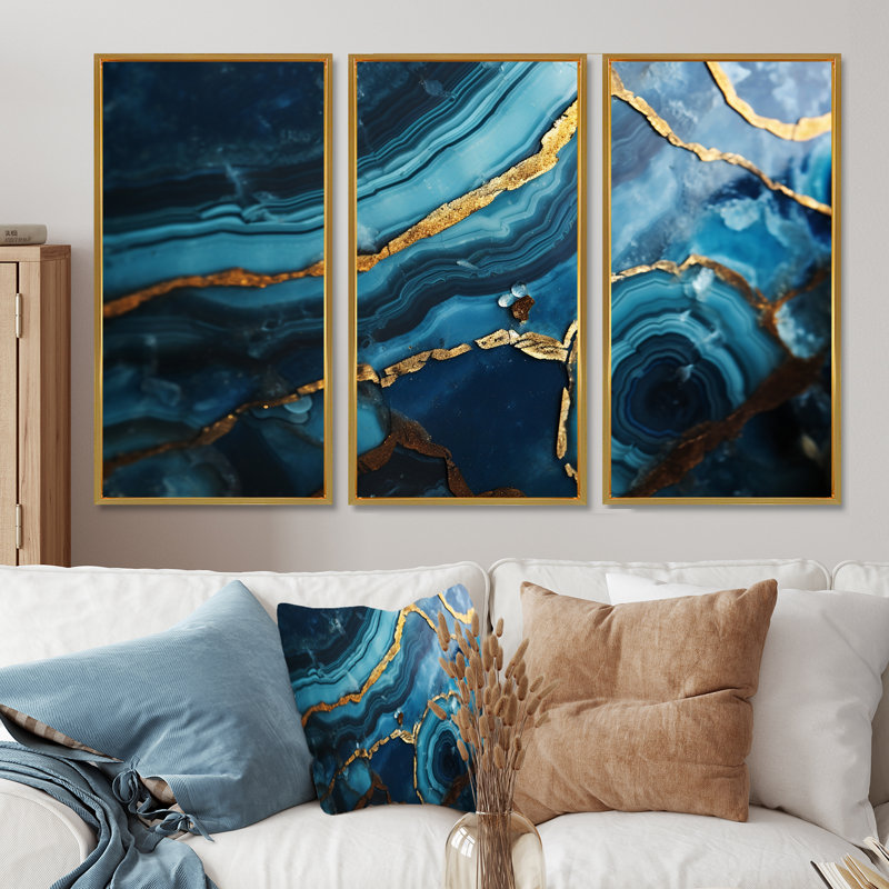 Agate sarcelle «Waves of Glam Gold I», ensemble d'art mural en marbre, Cadre flottant doré, H 40 po x l 60 po x P 1 po