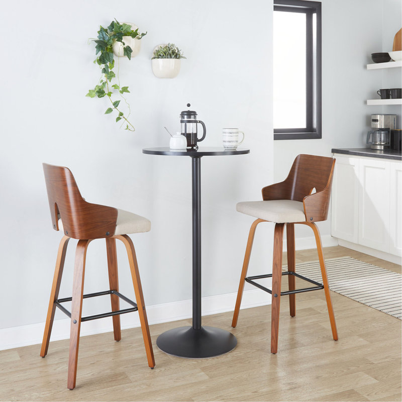 Tabouret de bar à hauteur fixe avec pivot en bois noir et tissu avec repose-pieds rond en métal noir - ensemble de 2