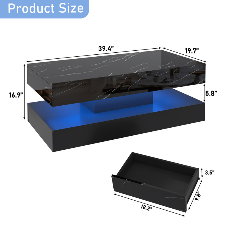 Table basse de 39,4 po moderne à DEL ultrabrillante avec 2 tiroirs de rangement, lumière centrale RVB de contrôle APP, imperméable et résistante aux égratignures