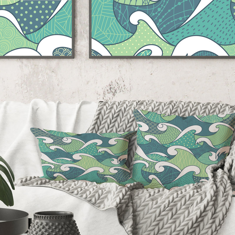 Coussin décoratif à motif abstrait bleu et vert Sea Waves, 16 po x 16 po