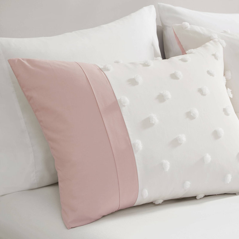 Pink and White Twin Microfiber Comforter Set with Jacquard Pompoms