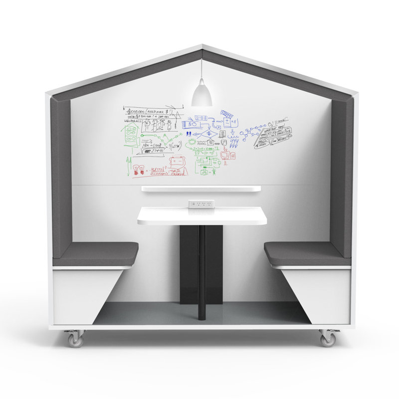 Nook Huddle 2 Person Work Pod, White Laminate Shell, Fabric, Markerboard Panel, Gray 