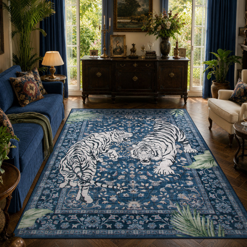Tapis lavable vintage Goldene Oriental Tiger - tapis en cachemire doux pour le salon, la chambre à coucher ou le bureau, Blue
