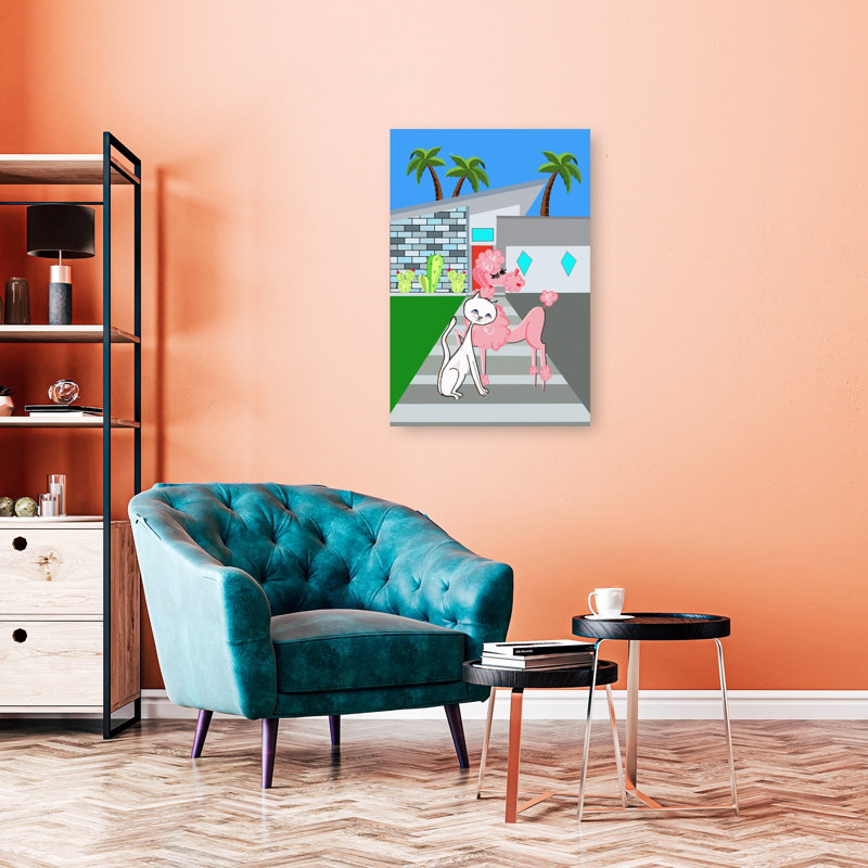 Reproduction d'art mural de style Mid-Century caniche et chat moderne ludique rétro palmier chat, 36" H x 24" W