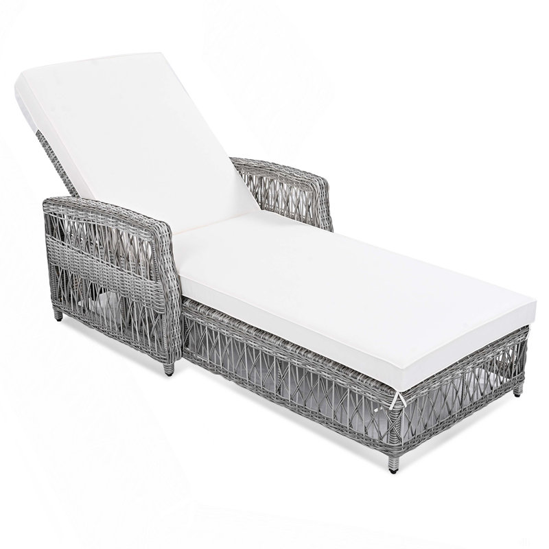 Outdoor Long Reclining Chaise, Wicker Lounge With Armrests, Patio Adjustable Recliner With Soft Removable Cushions, All Weather Rattan Pool Lounge For Poolside & Garden, Beige