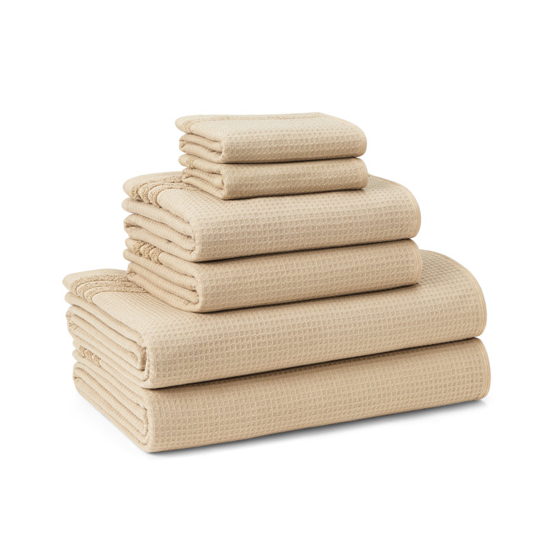 TOWN & COUNTRY BASICS 6-Piece Assorted Waffle Woven Terry Stripe Set, 2 Bath, 2 Hand, 2 Wash, 100% Cotton, Quick Dry, Taupe