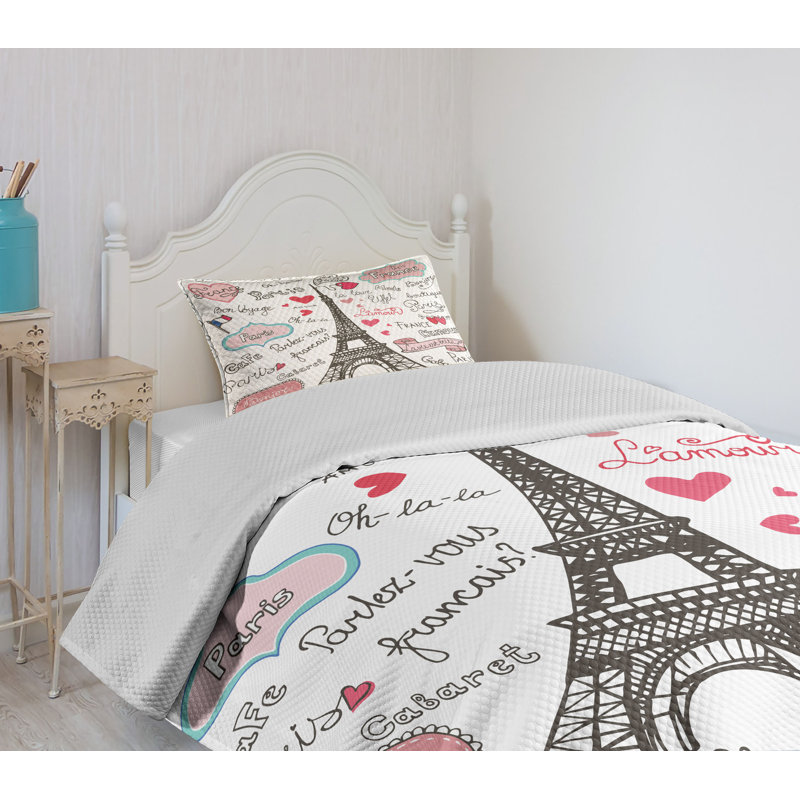 Twin White Quilted Bedspread Set with Paris Design