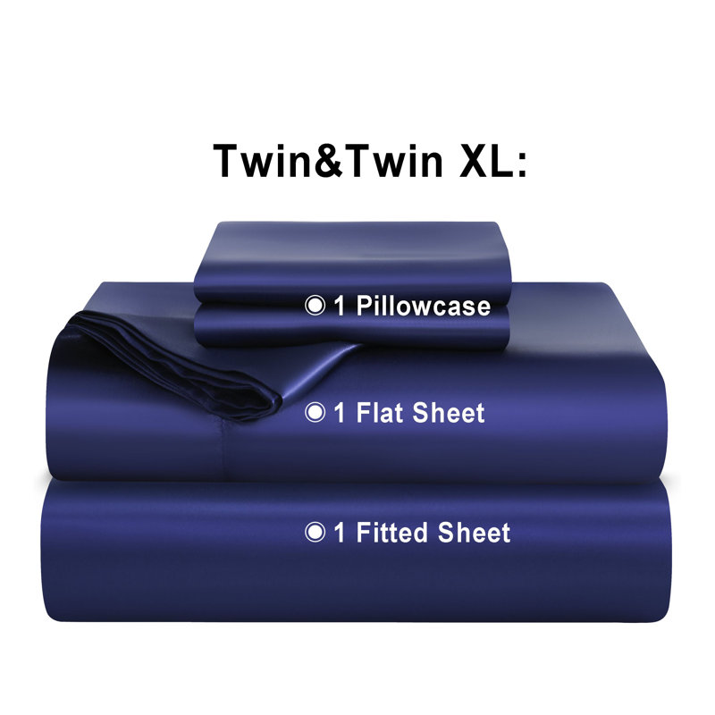 Lustrous Satin Bed Sheet Set Luxury Soft Durable, Navy, Twin Sheet Set with 1 Pillowcase