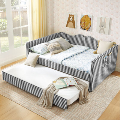 Lit de jour double, lit de jour rembourré en vichy équipé d'un cadre gigogne escamotable et d'une poche de rangement latérale, canapé-lit multifonctionnel en bois massif pour chambre d'enfant et chambre d'amis