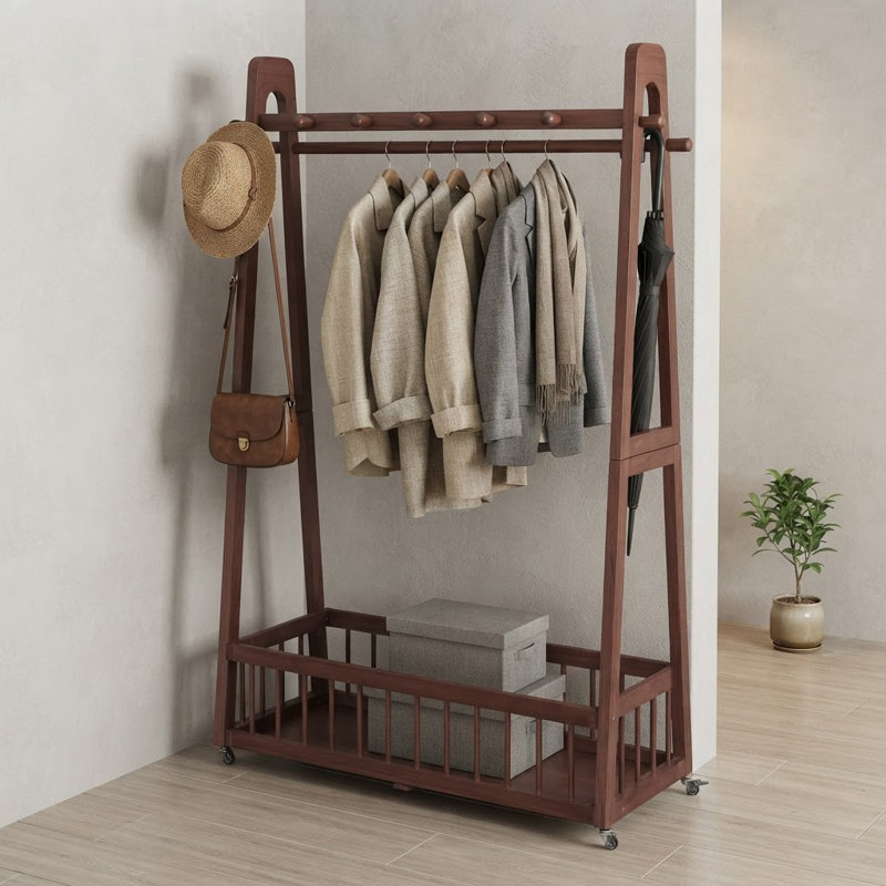 Portant à vêtements autoportant en bois massif, support de cintres mobile en bois avec roulettes verrouillables, Walnut