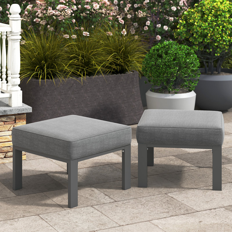 Patio Furniture Footstools Metal Ottomans Set Of 2, Metal Outdoor Ottomans With Upgraded Cushions, All-Weather Outdoor Footrest Seat For Balcony, Garden, Deck, Backyard