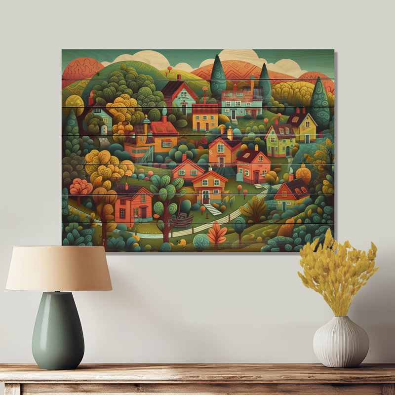 Petite ville village II sur bois, H 30 po x l 40 po x P 0,78 po